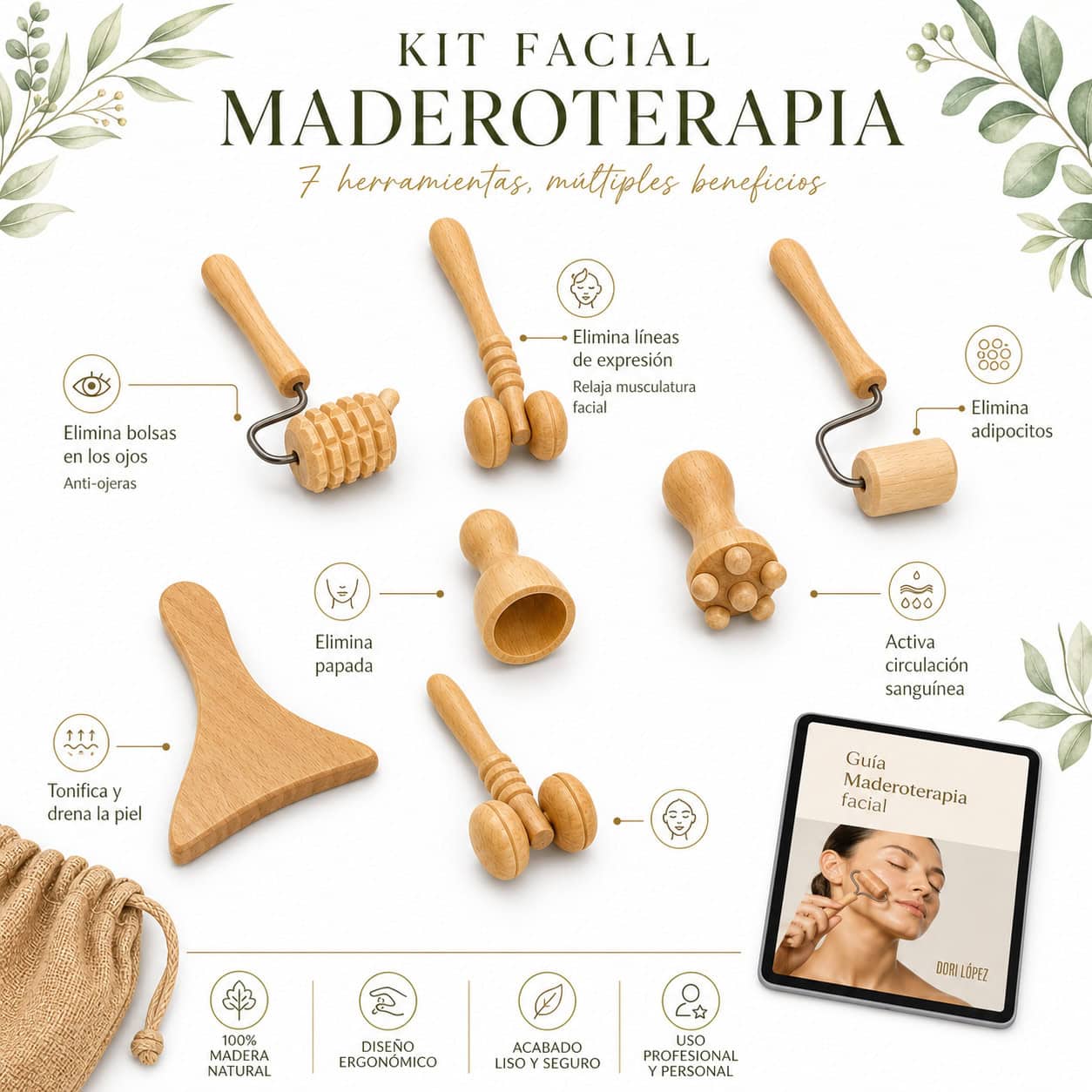 Kit Maderoterapia Facial 7 elementos + E-book digital de regalo + bolsa de yute - Imagen 2